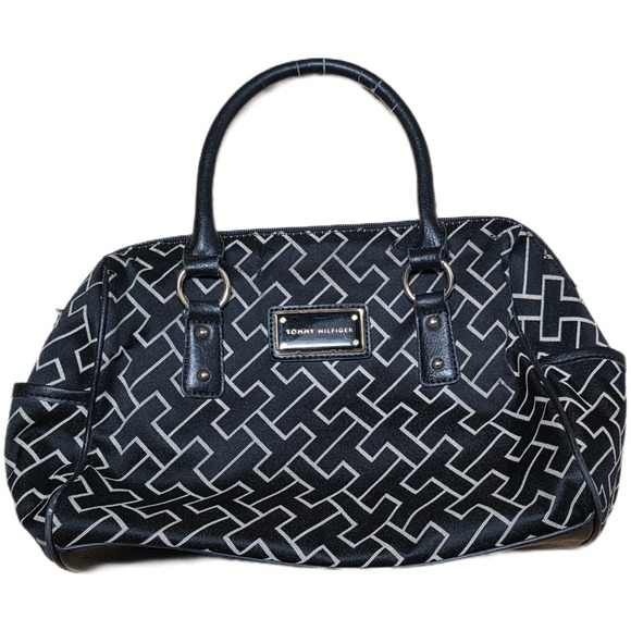 Tommy Hilfiger Handbags - Tommy Hilfiger Satchel Handbag Purse Black White Geometric Print Faux Leather